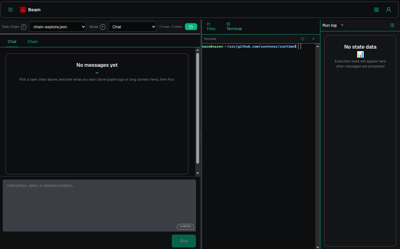 Contenox Beam — local AI workbench in the browser: chat, chains, and live execution