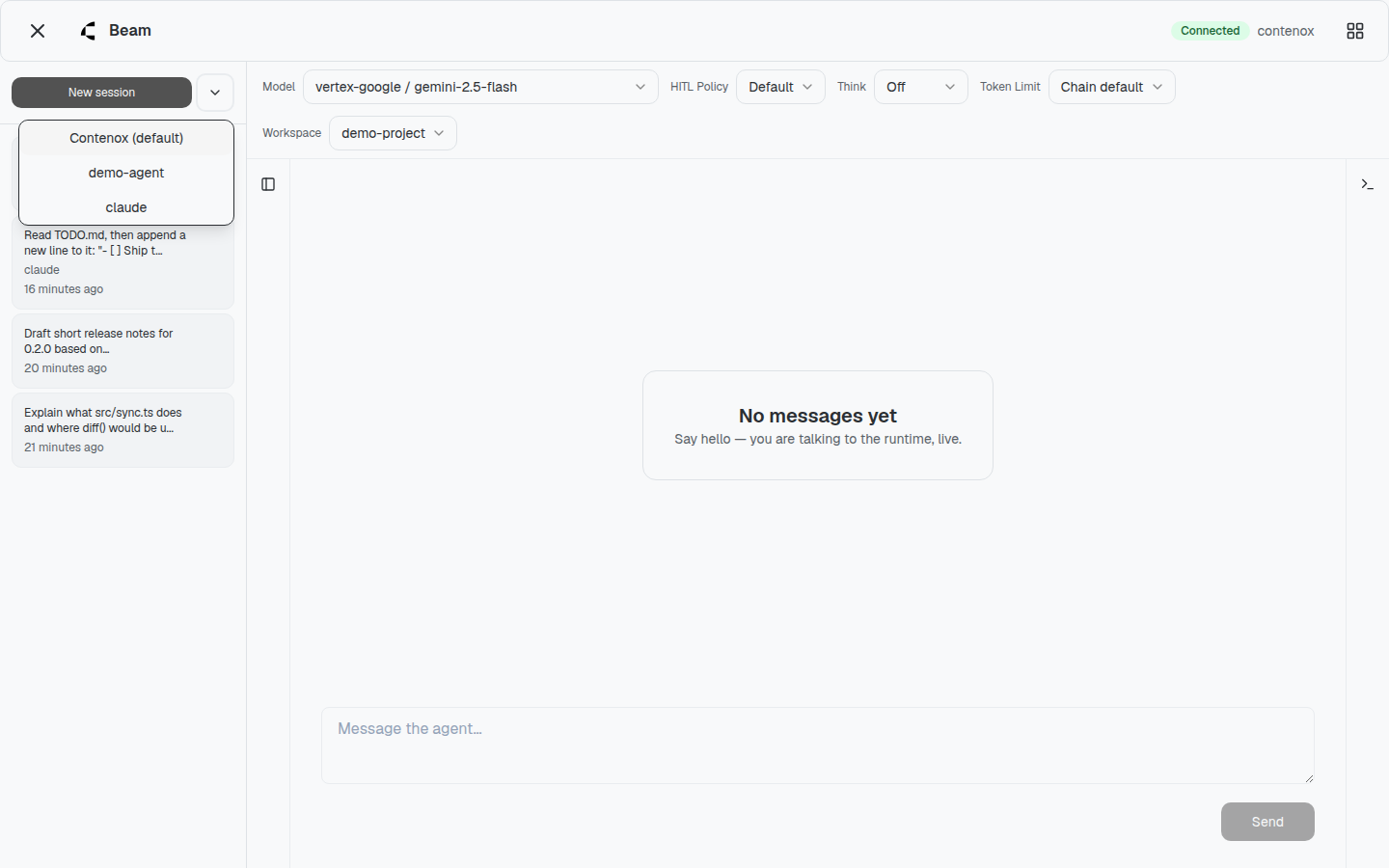 The agent picker open in the sidebar: Contenox (default) at the top, declared agents below, beside seeded sessions with per-session agent attribution