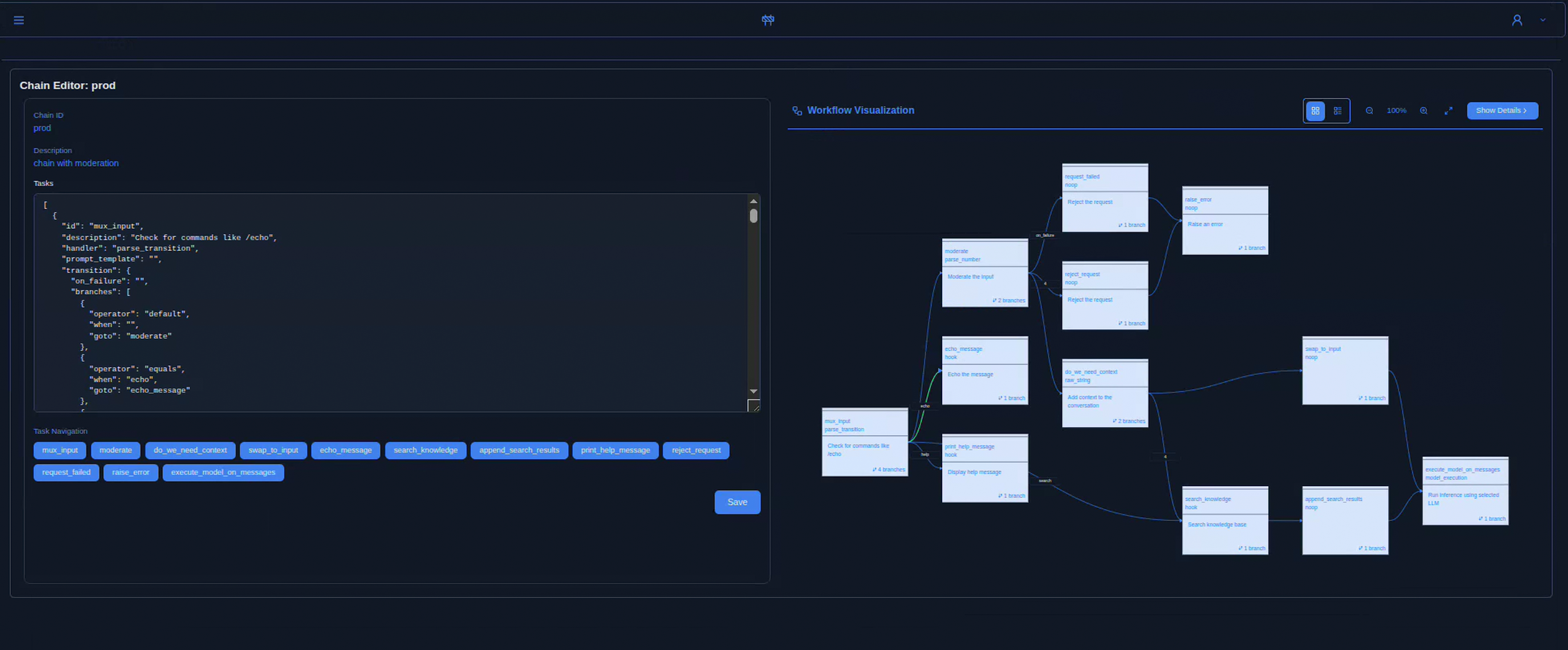 Screenshot of the Contenox chat interface and workflow inspector.