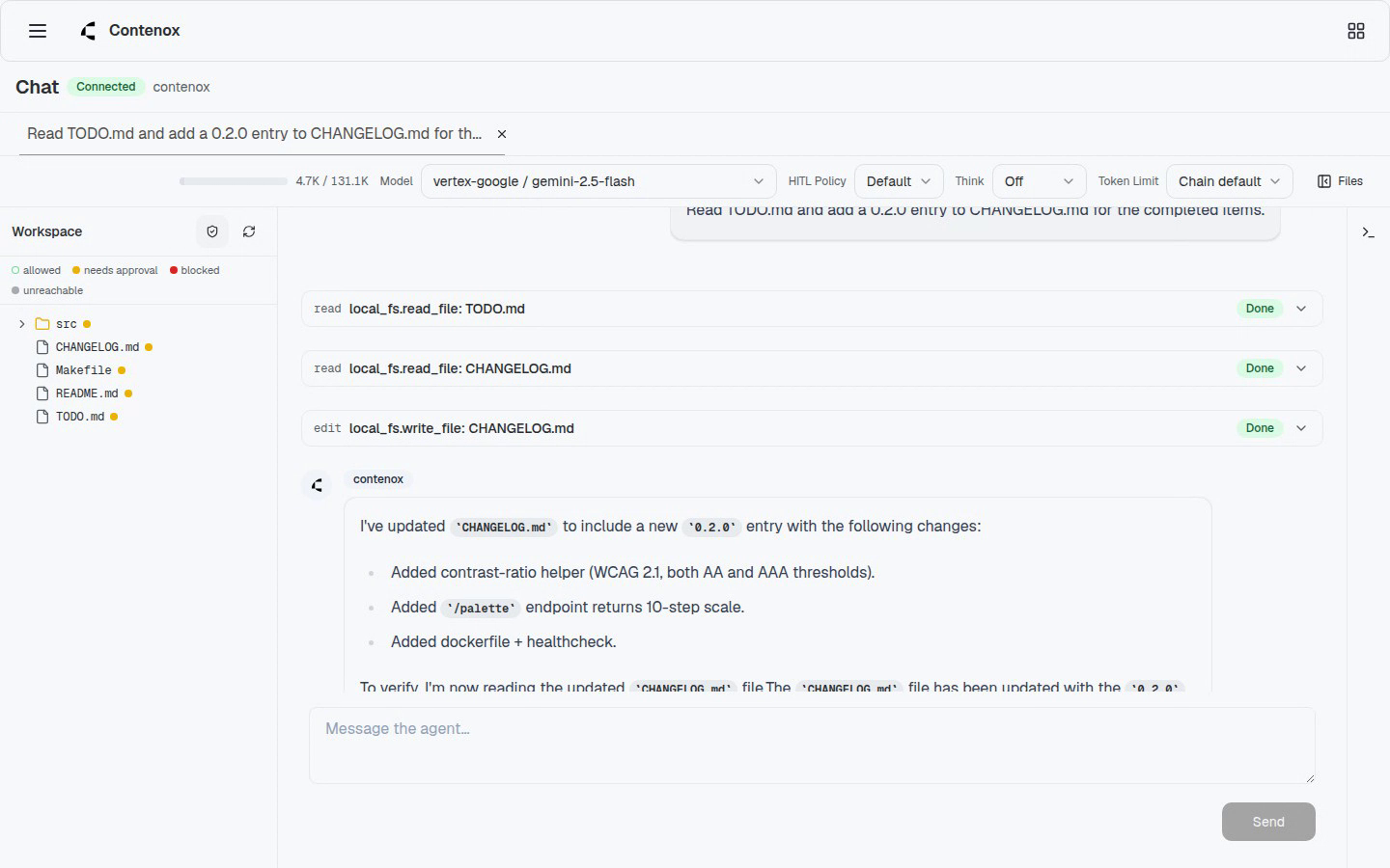 Agent view enabled on the workspace tree: the legend and per-file policy verdict dots beside a finished turn with its tool-call cards