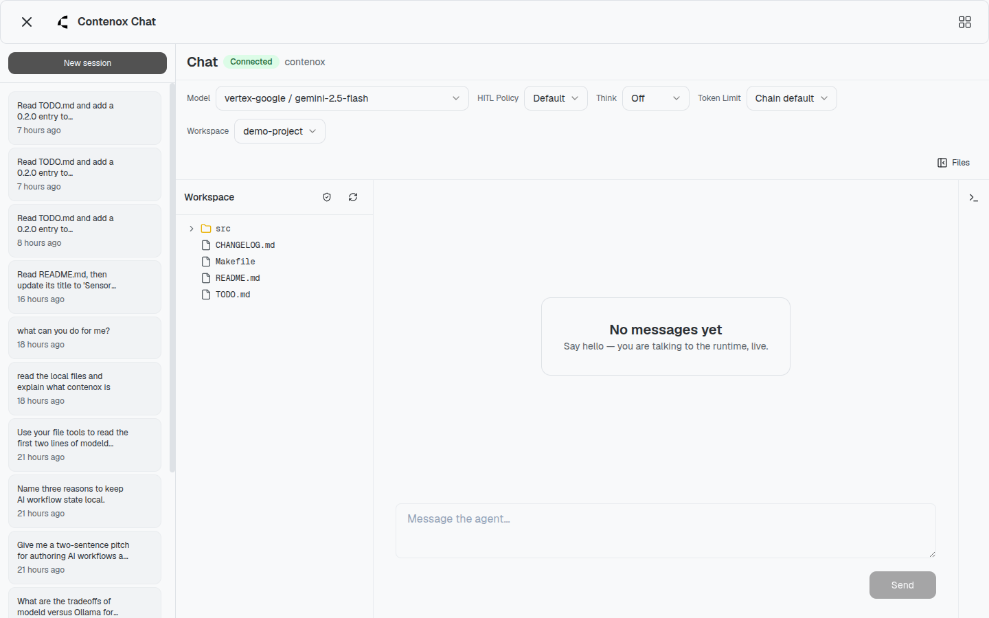 A new Beam session bound to a project workspace, with the per-session Model, HITL Policy, Think, Token Limit, and Workspace controls above an empty chat