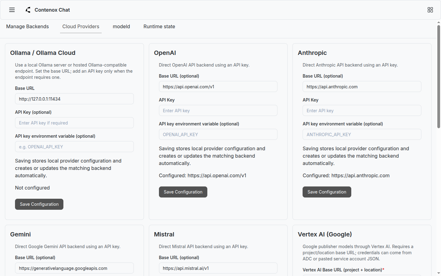 Beam's cloud providers page: Ollama, OpenAI, Anthropic, Gemini, Mistral, and Vertex AI configuration cards