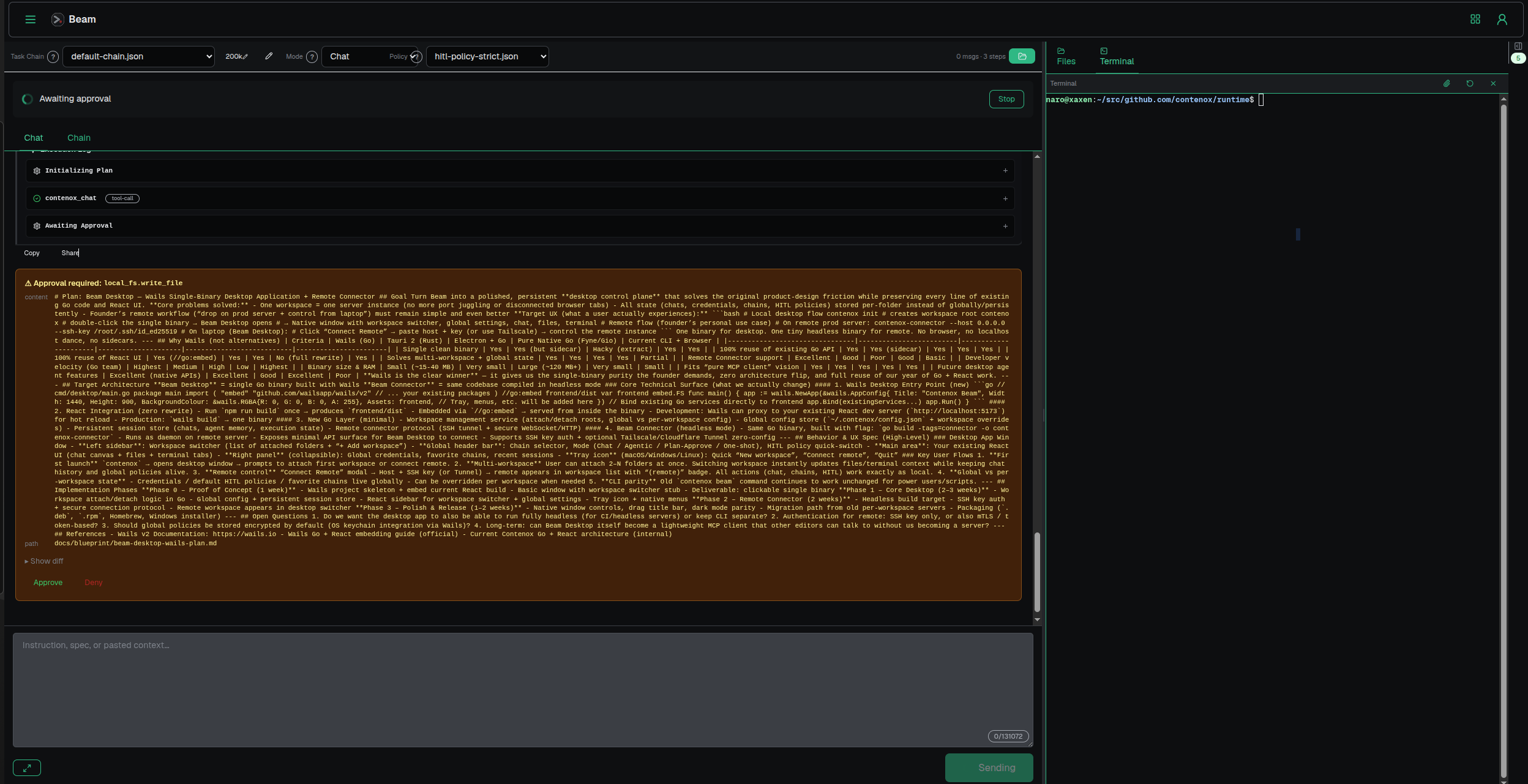 Plan phases visible as the agent pauses — "Awaiting approval" before proceeding