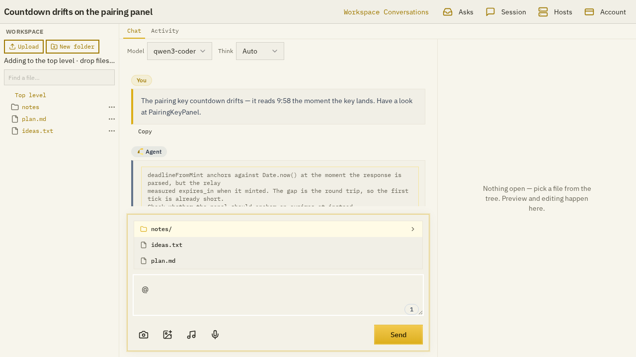 The composer's @ picker listing the account's folders and files