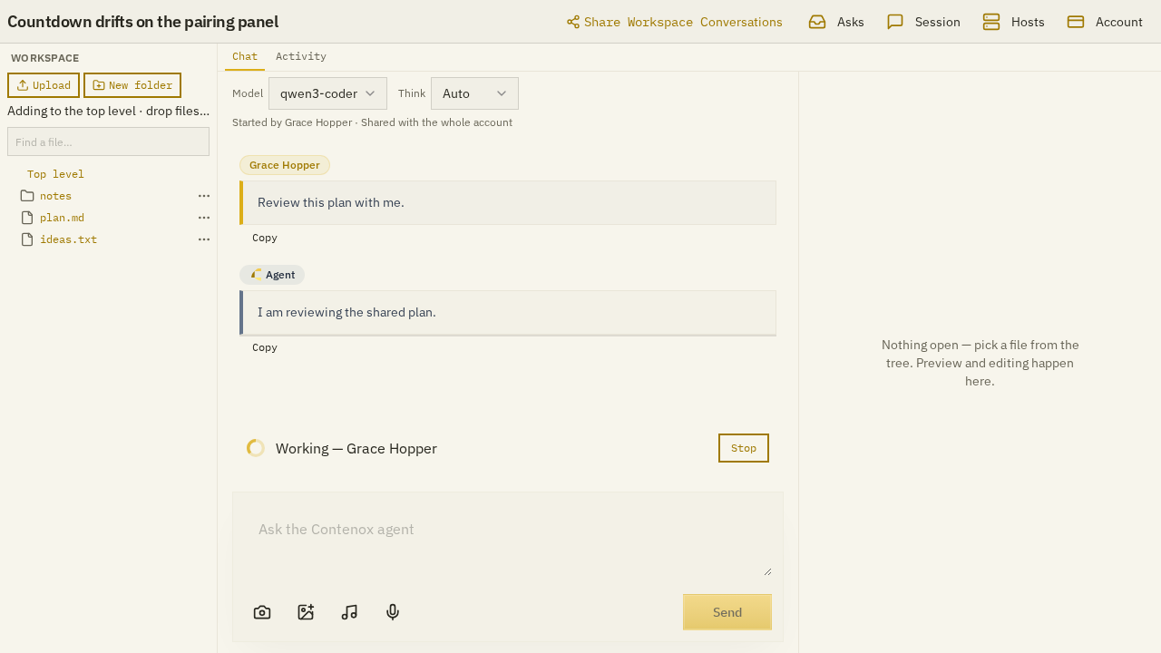 A shared conversation showing its starter, the share scope, the author of each message and a banner naming the participant running the turn