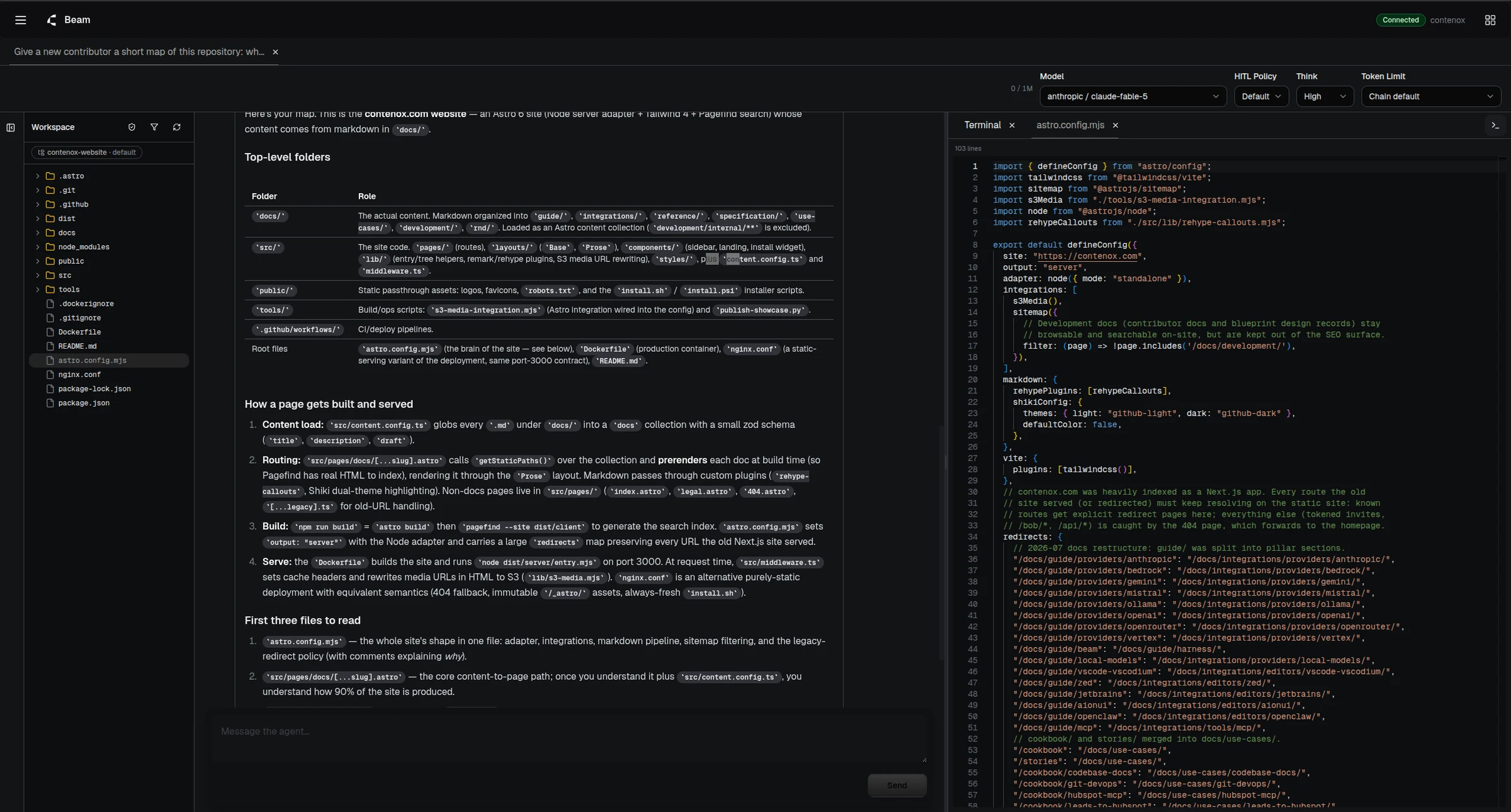The Contenox workbench: workspace tree, live transcript and file preview beside one session.