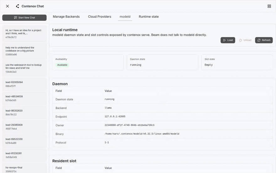 Beam's modeld console: pick a local model, load it into the GPU slot, watch it go resident, unload it